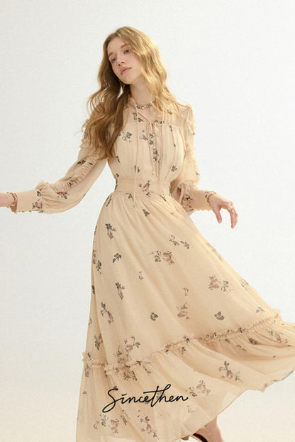 Amélie French Vintage Floral Chiffon Maxi Dress
