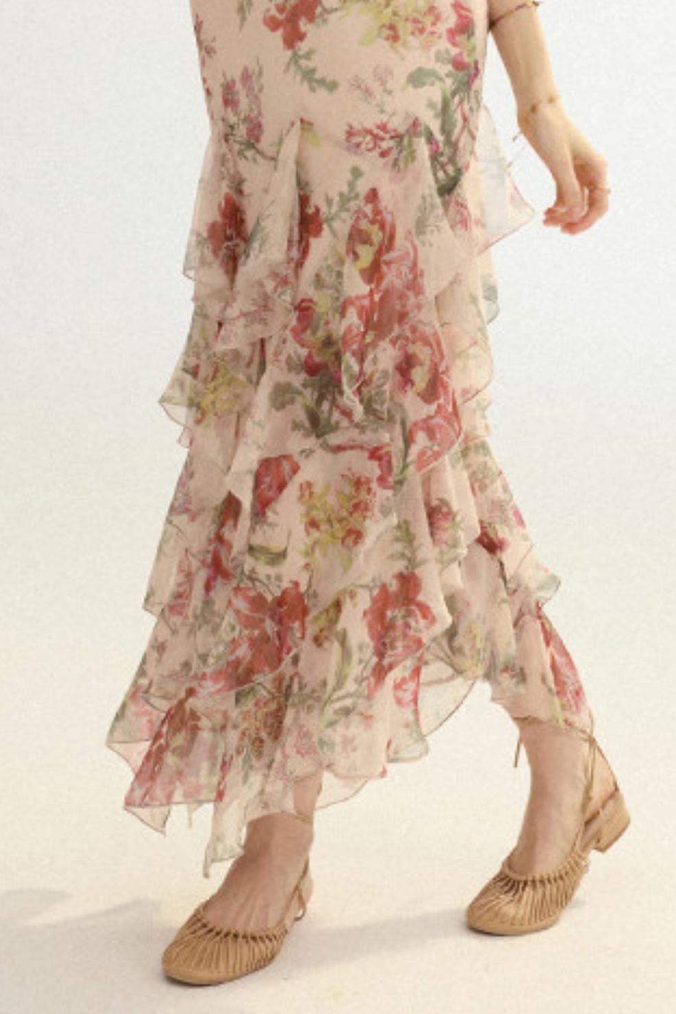 Odette French Floral Asymmetric Maxi Dress with Matching Scarf
