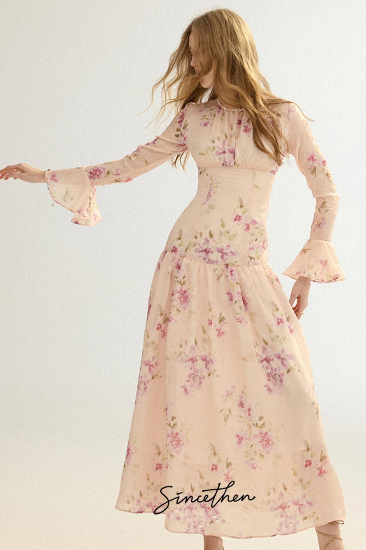 Odette French Vintage Floral Chiffon Maxi Dress