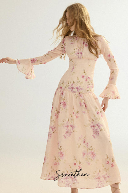 Odette French Vintage Floral Chiffon Maxi Dress
