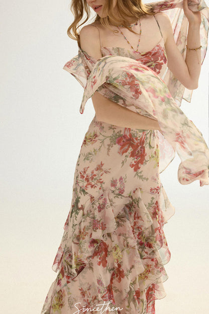 Odette French Floral Asymmetric Maxi Dress with Matching Scarf