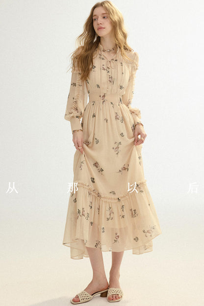 Woman wearing a beige floral dress on a white background