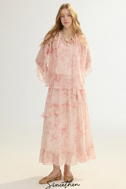 Camille French Retro Floral Chiffon 3-Piece Set