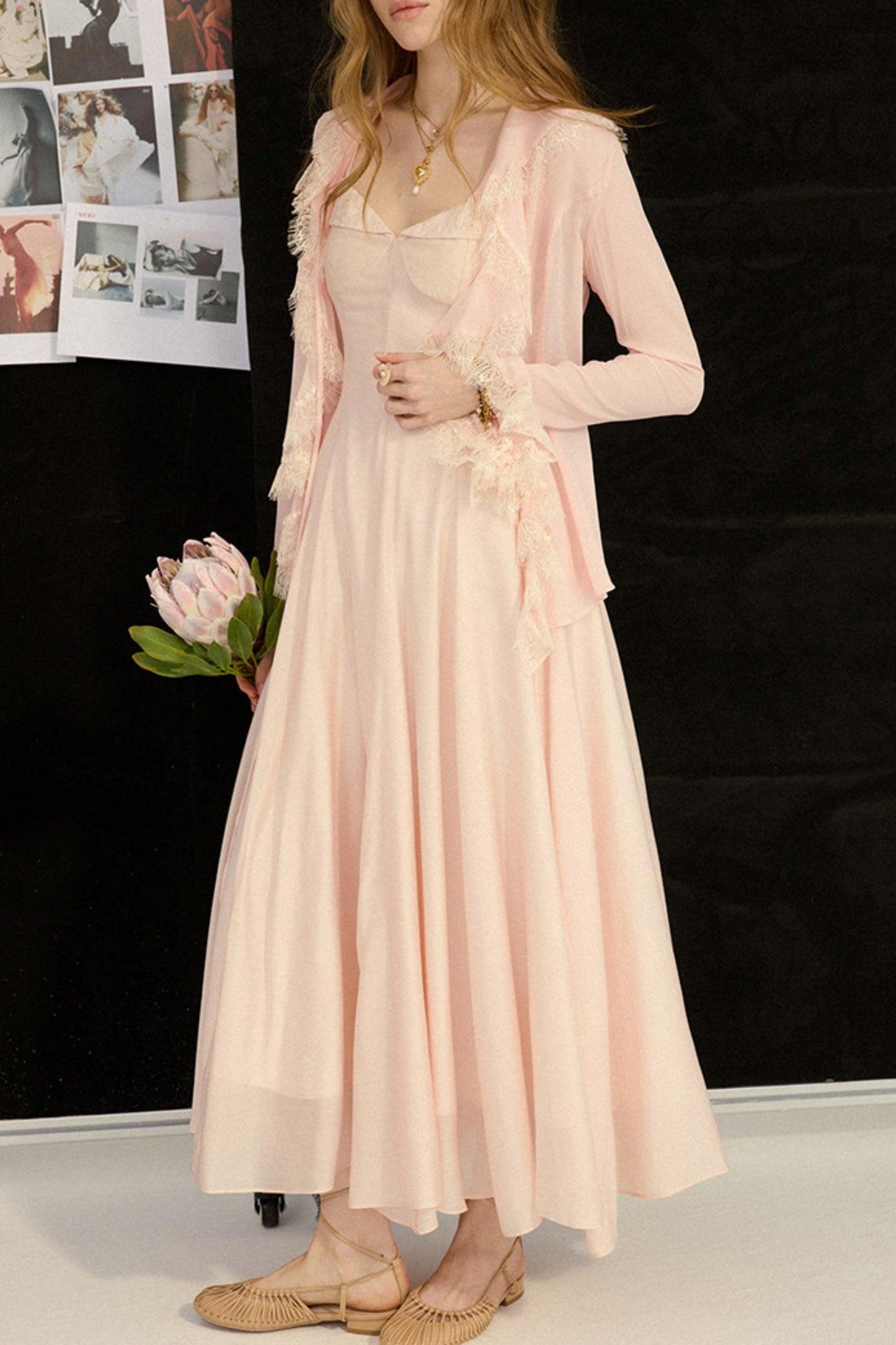 Sylvie French Vintage Lace-Trimmed Chiffon Cardigan Blouse Set
