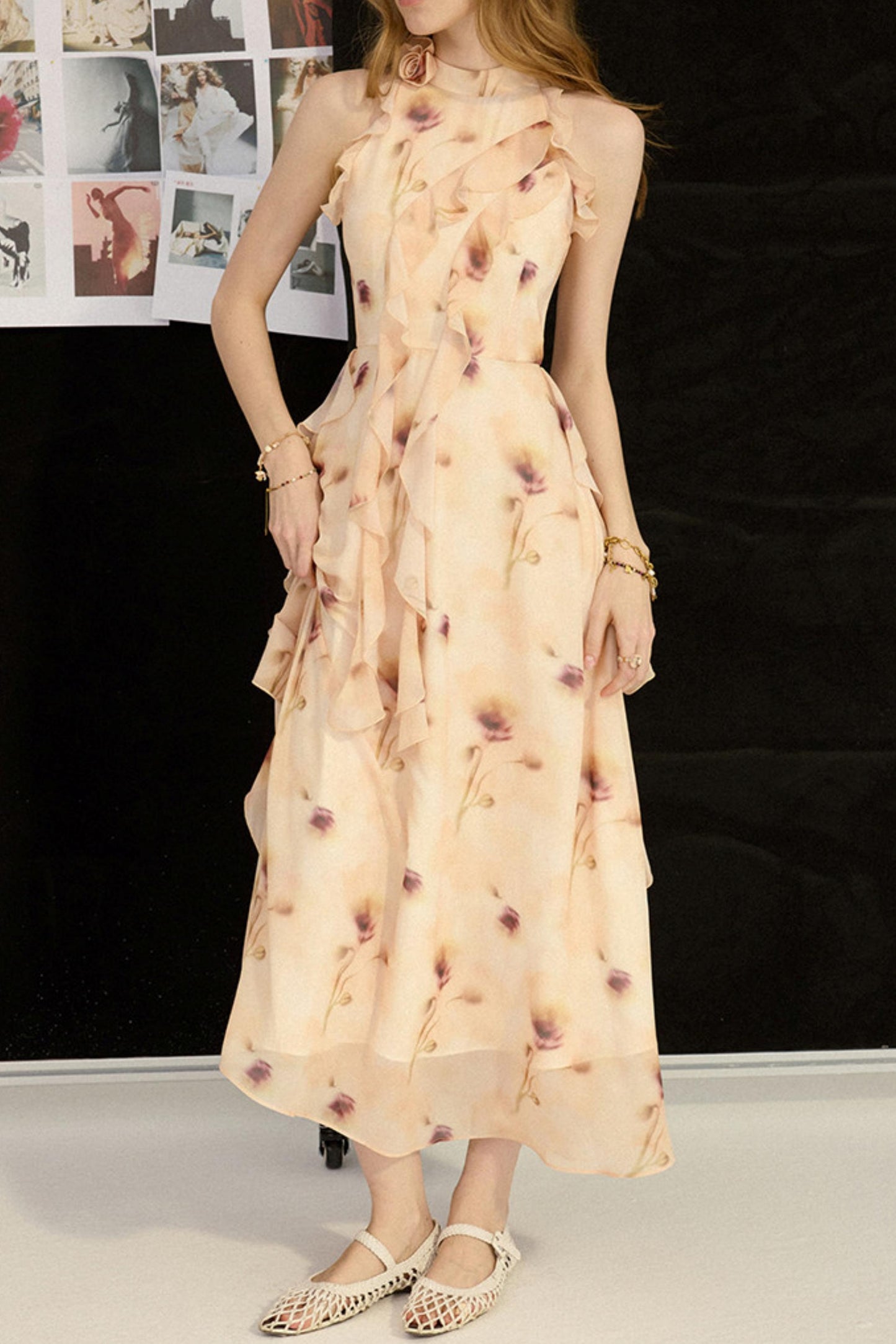 Woman wearing a floral dress with a blurred background