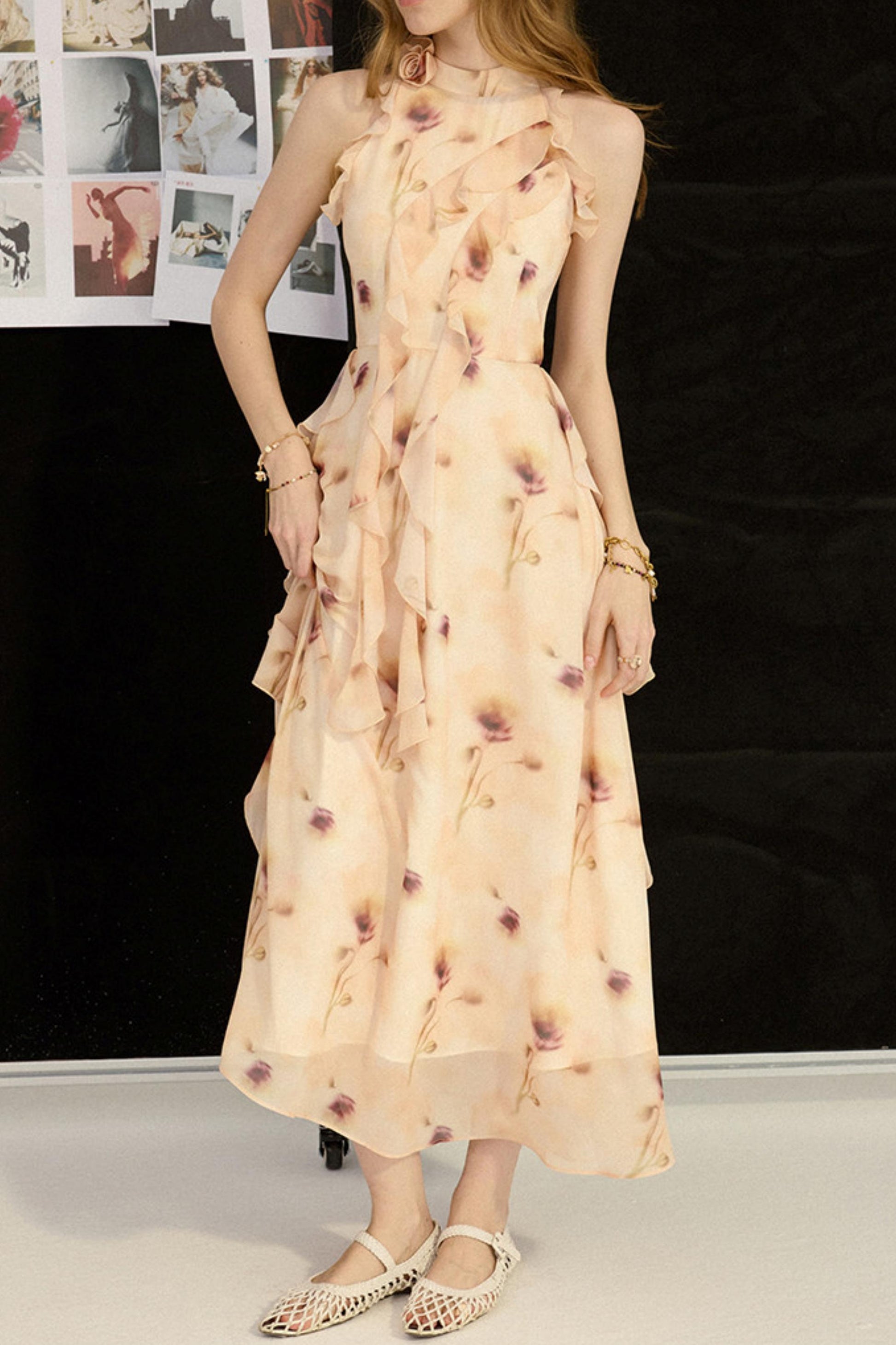 Woman wearing a floral dress with a blurred background