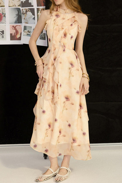 Woman wearing a floral dress with a blurred background