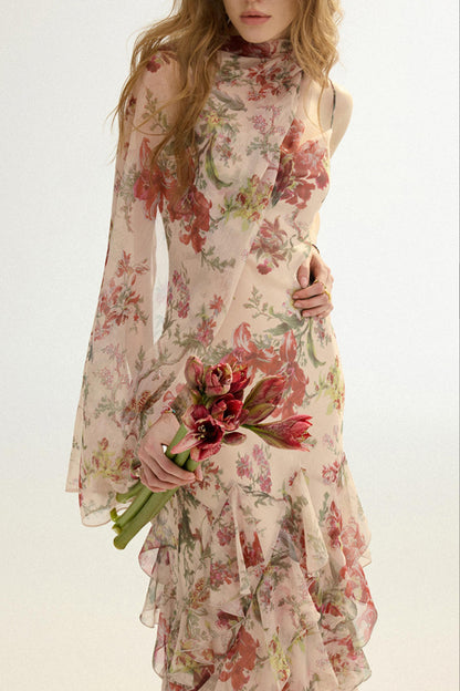 Odette French Floral Asymmetric Maxi Dress with Matching Scarf