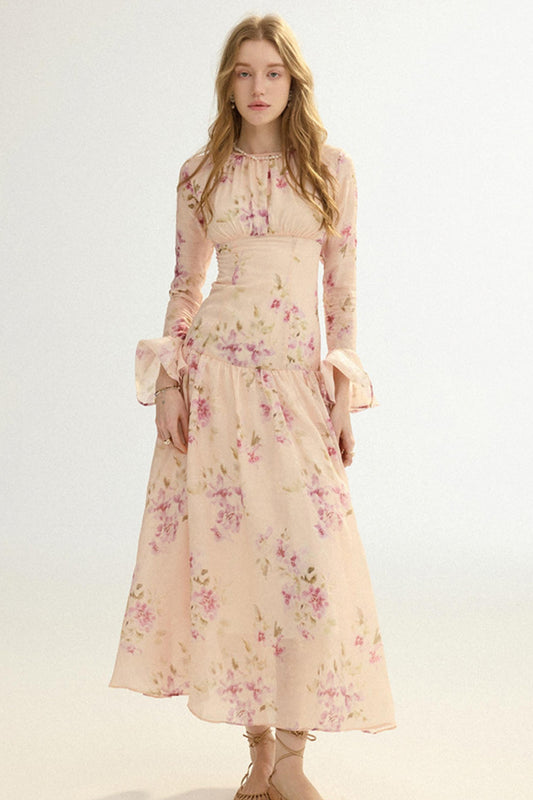 Woman wearing a floral dress on a white background