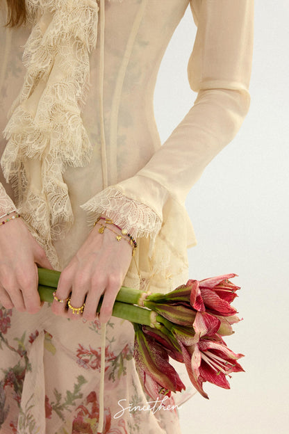 Sylvie French Vintage Lace-Trimmed Chiffon Cardigan Blouse Set