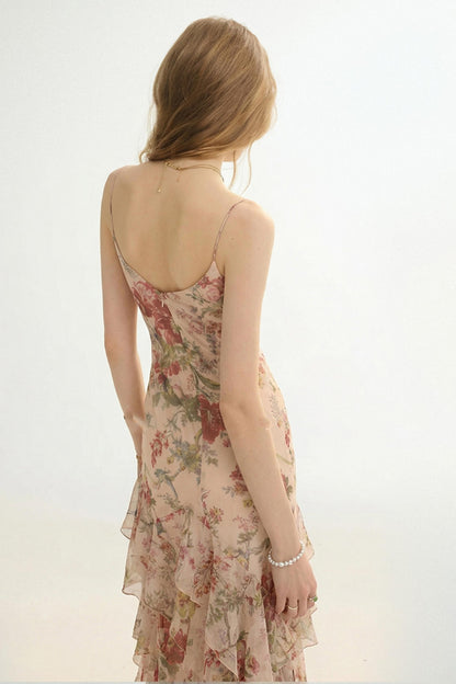 Odette French Floral Asymmetric Maxi Dress with Matching Scarf