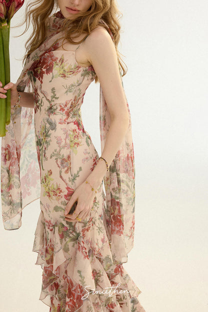 Odette French Floral Asymmetric Maxi Dress with Matching Scarf