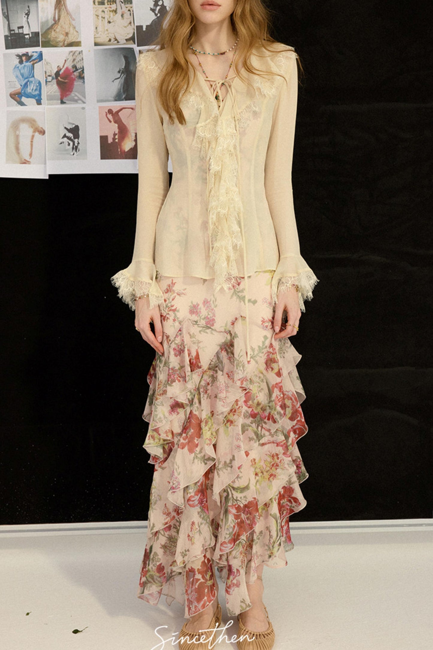 Sylvie French Vintage Lace-Trimmed Chiffon Cardigan Blouse Set