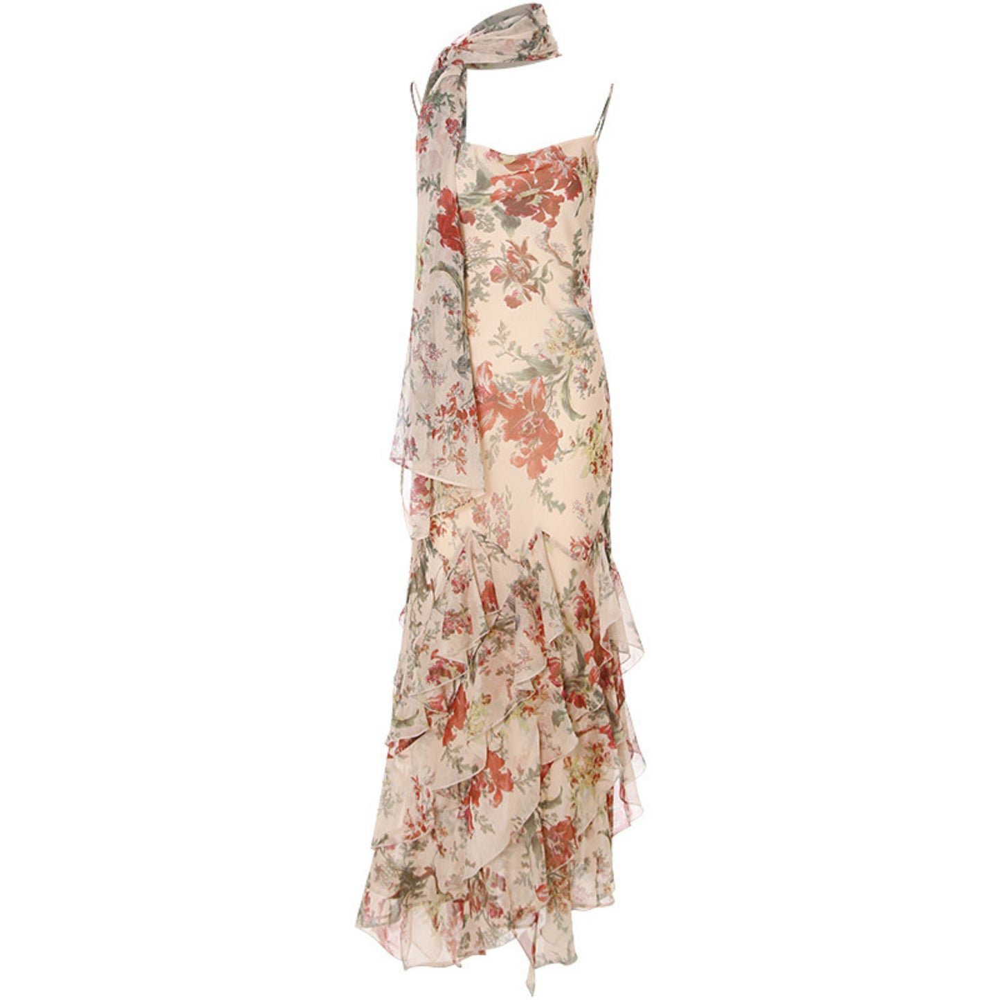 Odette French Floral Asymmetric Maxi Dress with Matching Scarf