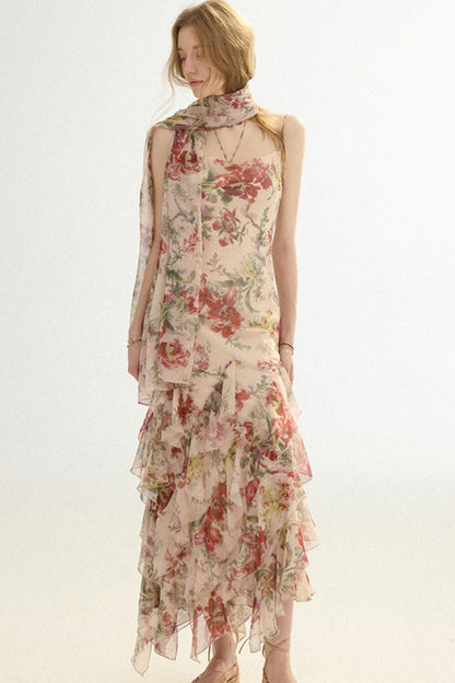 Woman wearing a floral dress with a plain background