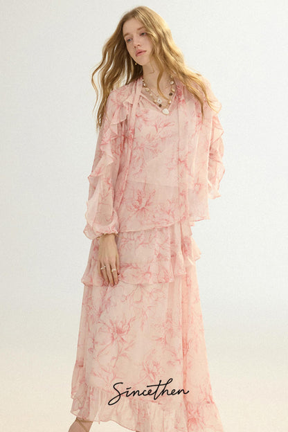Camille French Retro Floral Chiffon 3-Piece Set