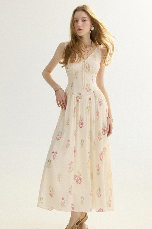Woman wearing a floral dress on a white background