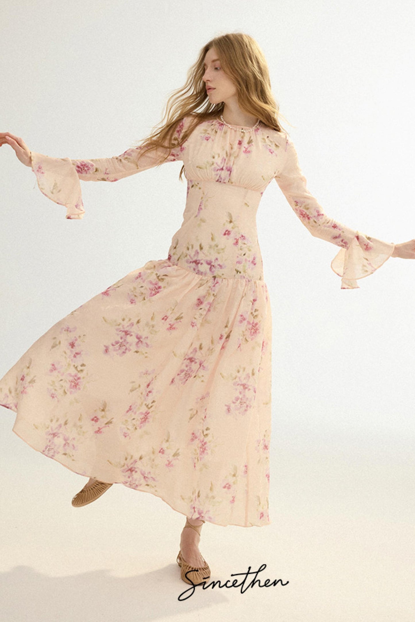 Odette French Vintage Floral Chiffon Maxi Dress