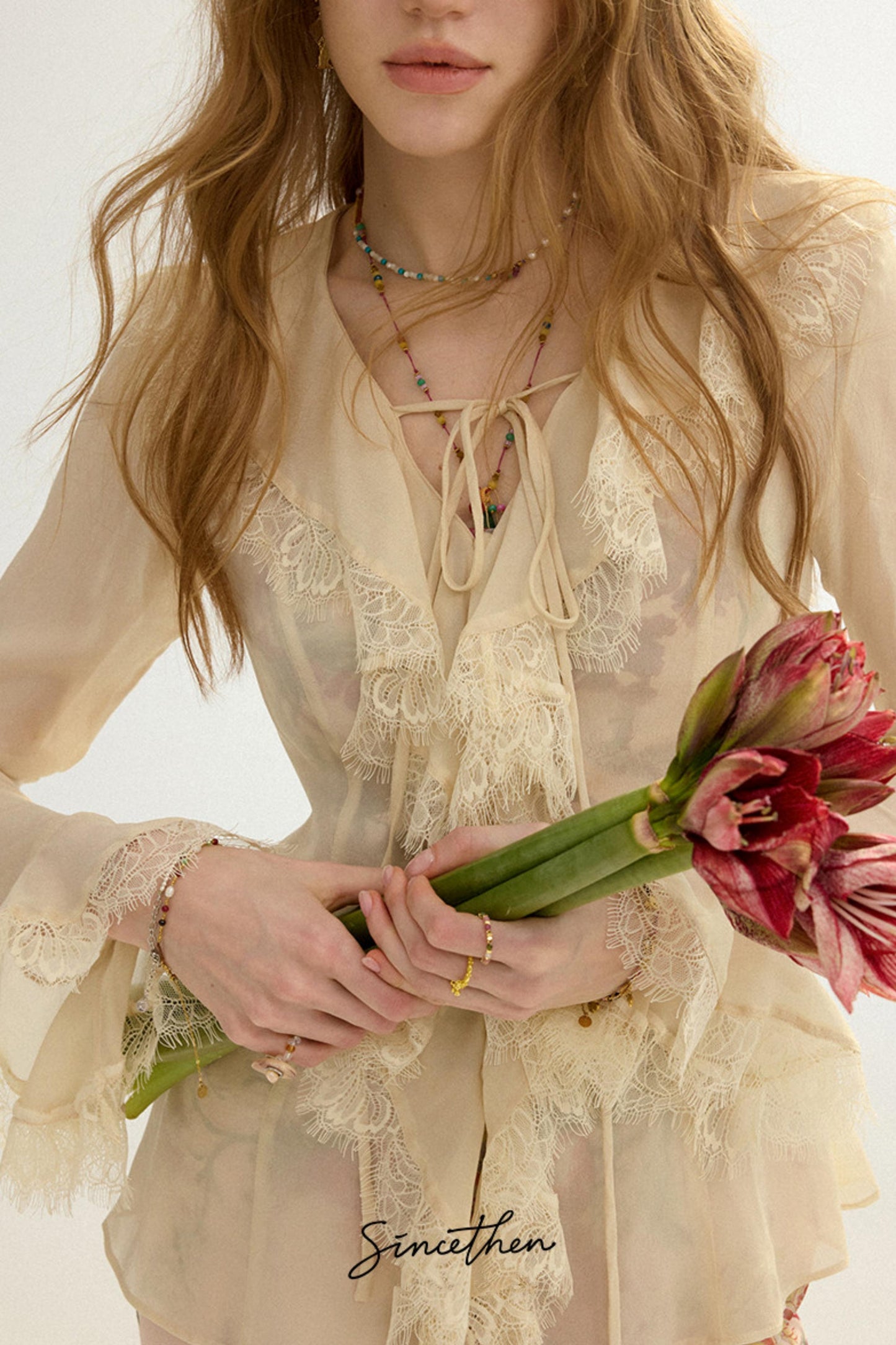 Sylvie French Vintage Lace-Trimmed Chiffon Cardigan Blouse Set