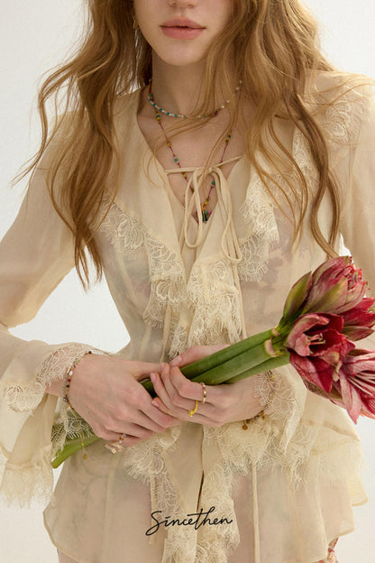 Sylvie French Vintage Lace-Trimmed Chiffon Cardigan Blouse Set
