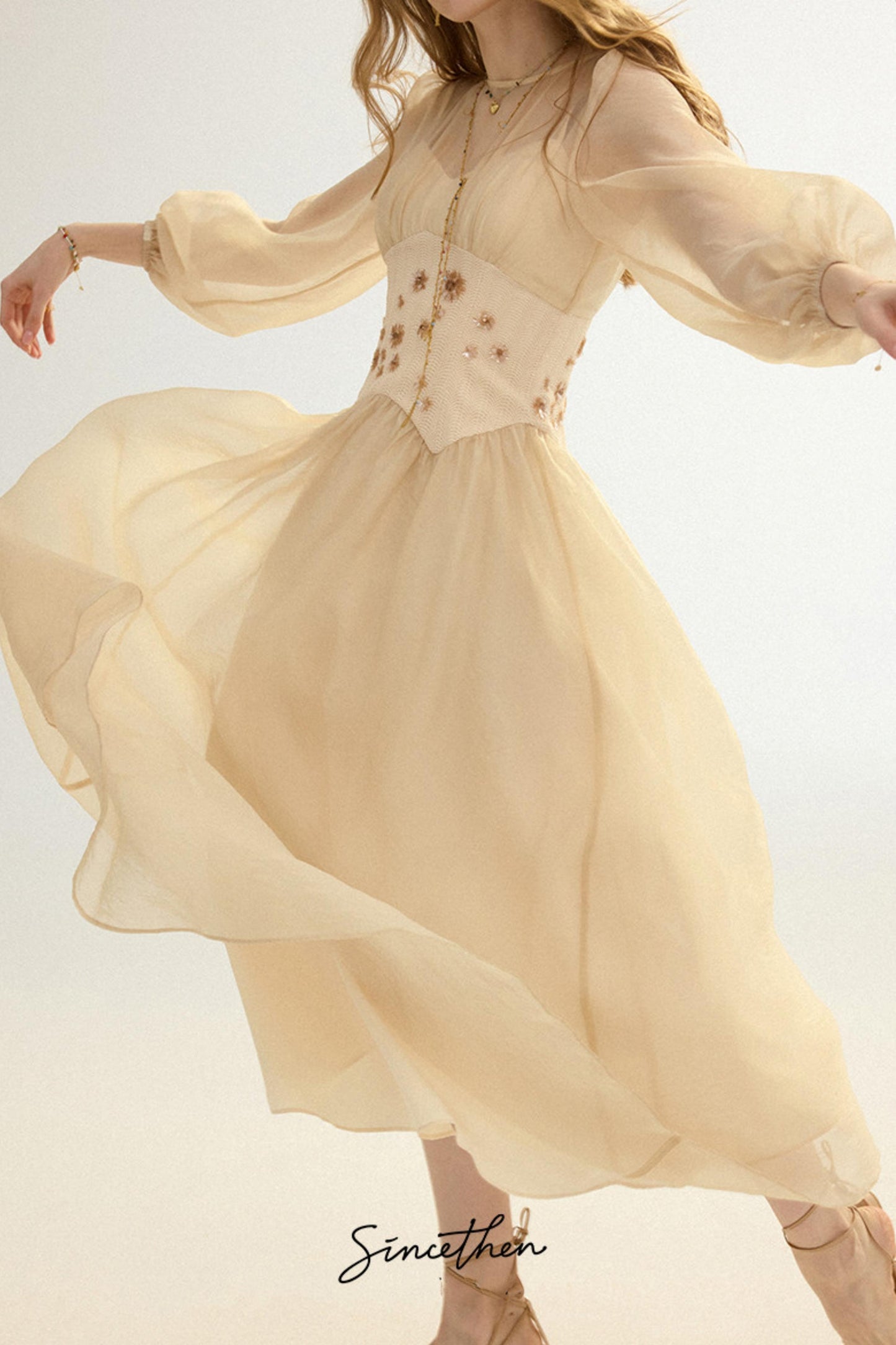 Aveline French Pastoral Embroidered Mesh Maxi Dress
