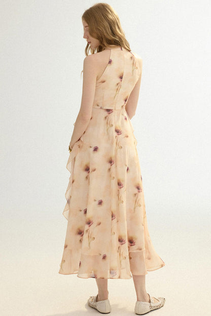 Woman wearing a floral dress on a white background