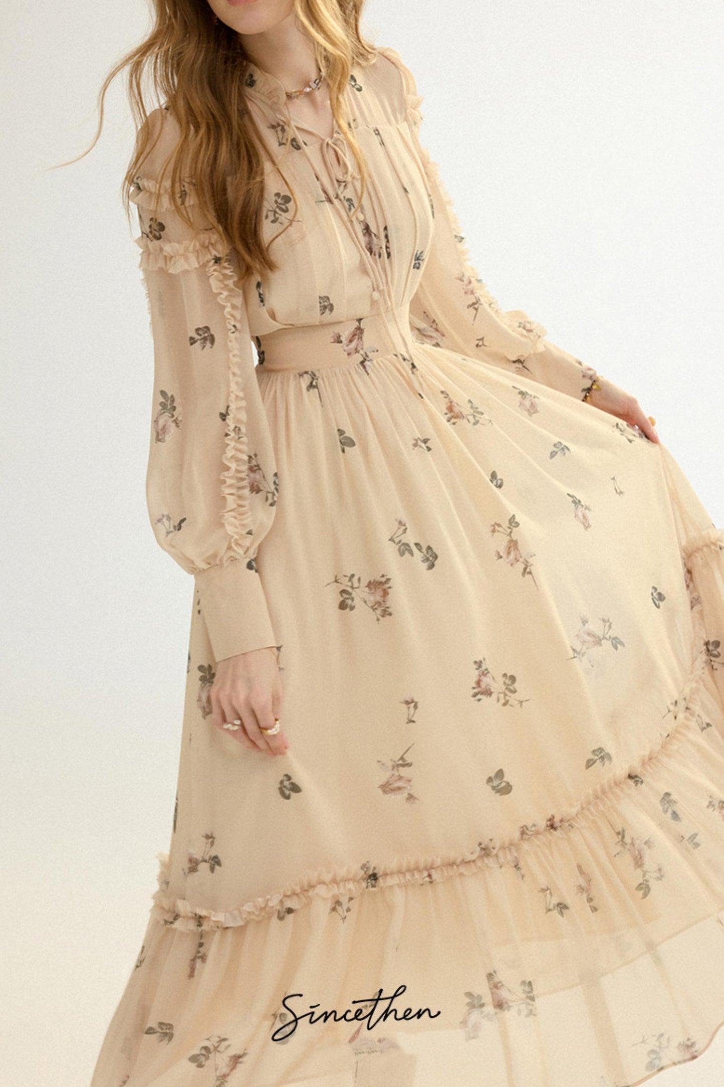Amélie French Vintage Floral Chiffon Maxi Dress