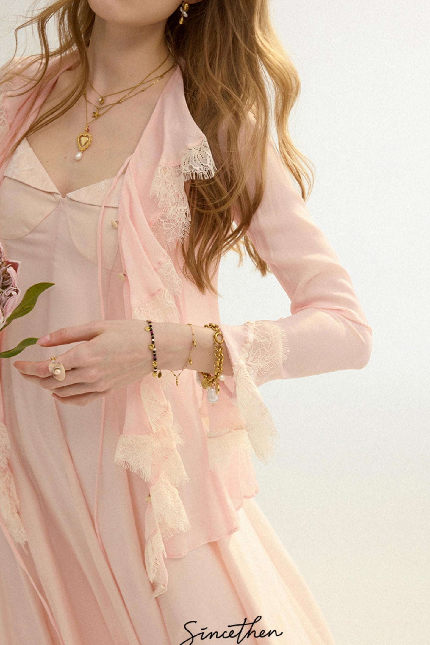 Sylvie French Vintage Lace-Trimmed Chiffon Cardigan Blouse Set