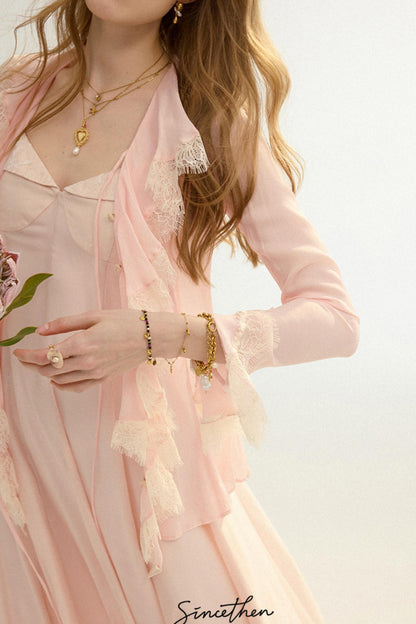 Sylvie French Vintage Lace-Trimmed Chiffon Cardigan Blouse Set