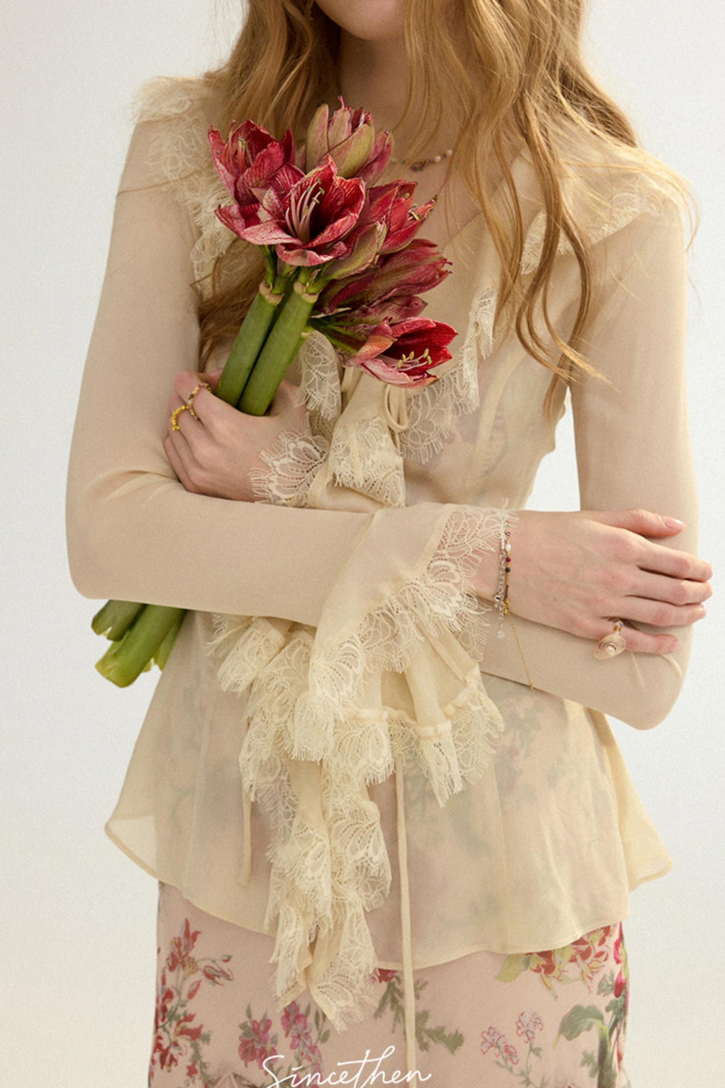 Sylvie French Vintage Lace-Trimmed Chiffon Cardigan Blouse Set