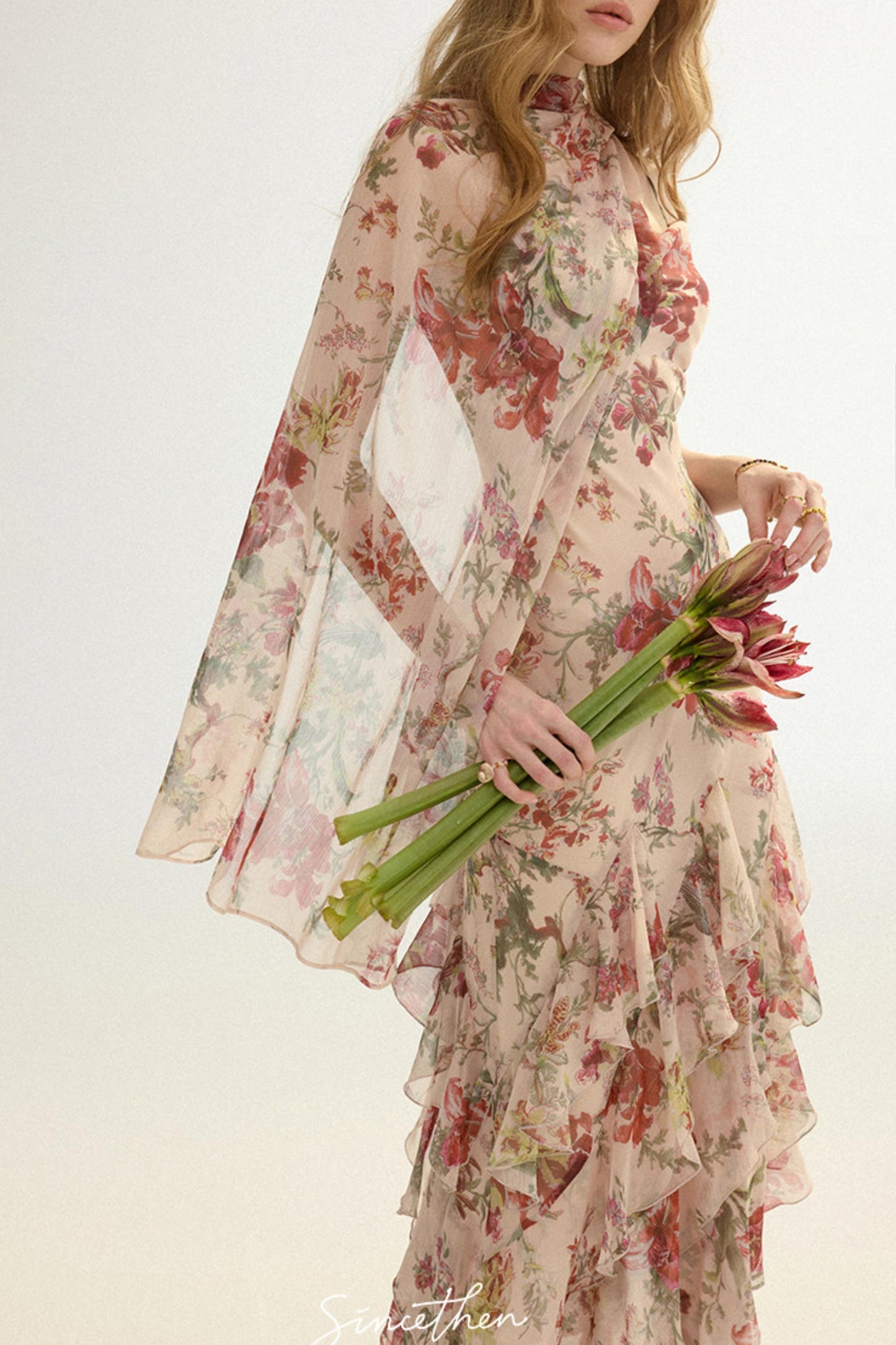 Odette French Floral Asymmetric Maxi Dress with Matching Scarf