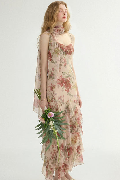 Woman wearing a floral dress holding a bouquet on a white background