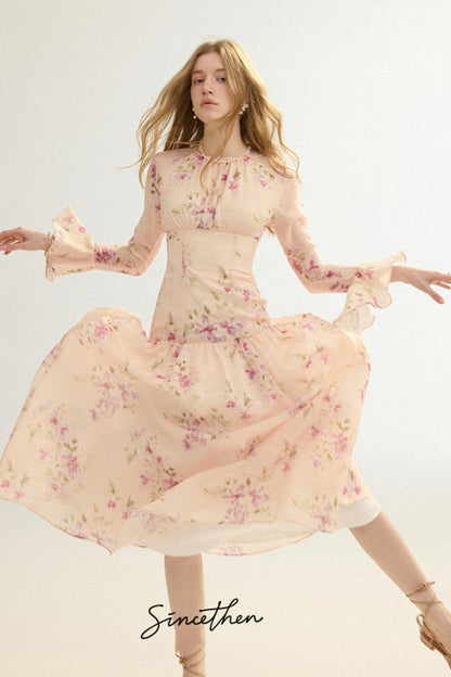 Odette French Vintage Floral Chiffon Maxi Dress