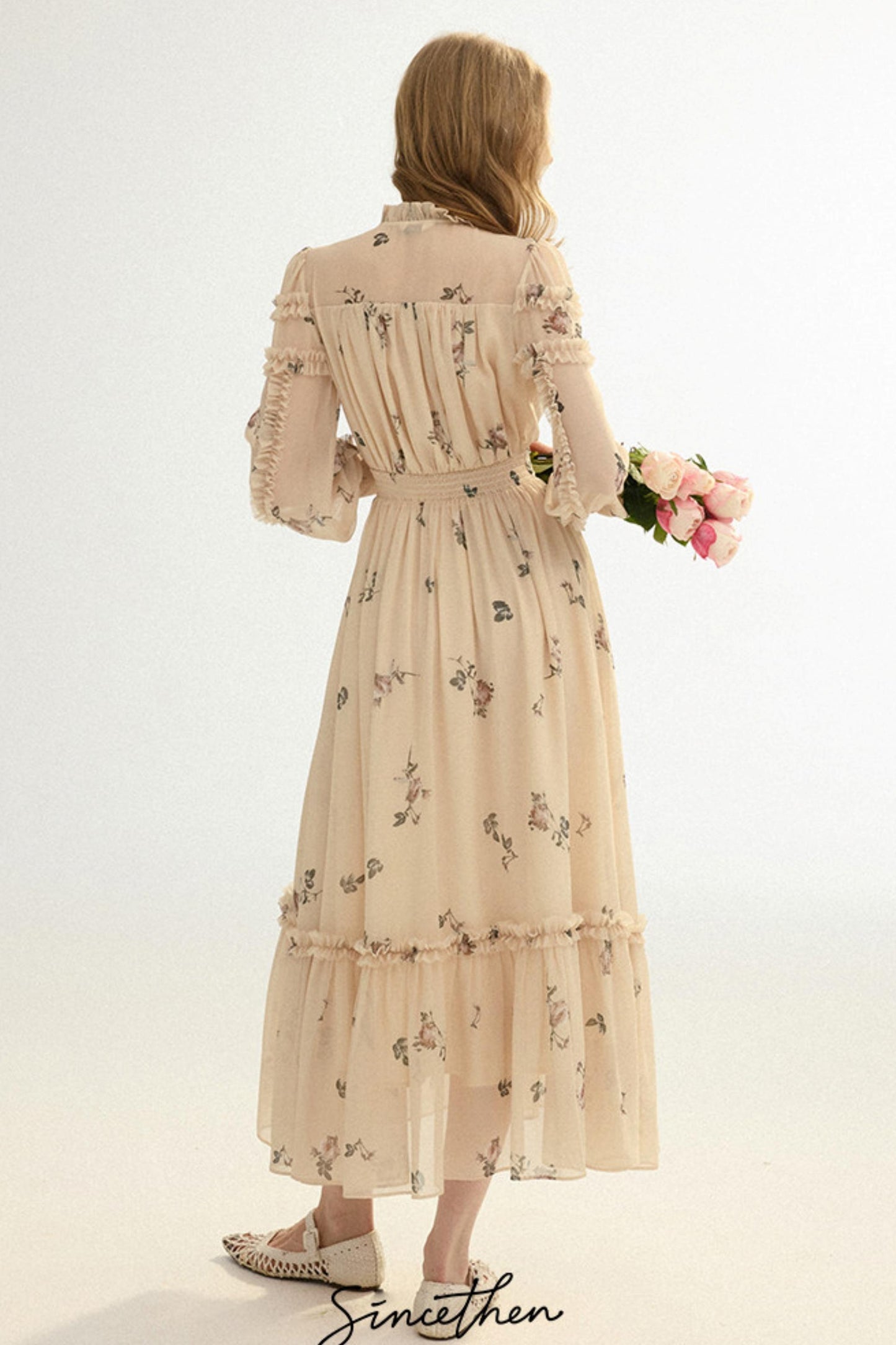 Amélie French Vintage Floral Chiffon Maxi Dress