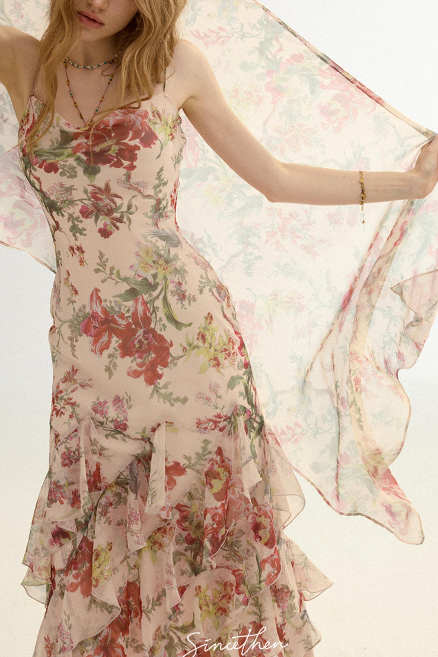 Odette French Floral Asymmetric Maxi Dress with Matching Scarf
