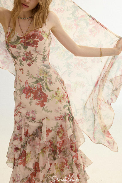 Odette French Floral Asymmetric Maxi Dress with Matching Scarf
