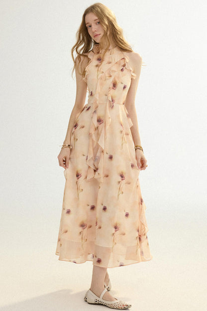 Woman wearing a floral dress on a white background