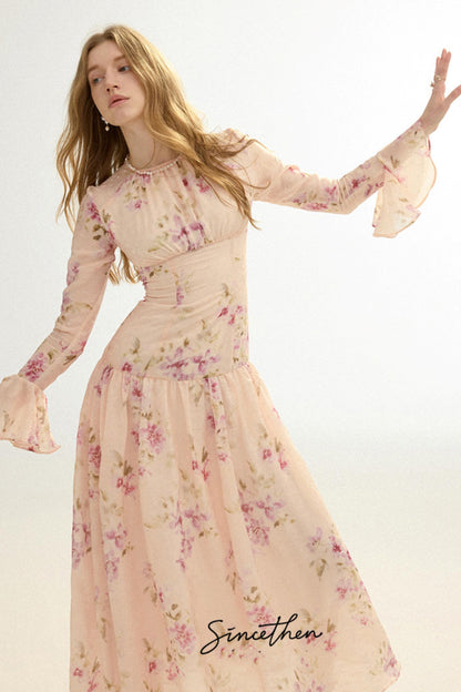 Odette French Vintage Floral Chiffon Maxi Dress