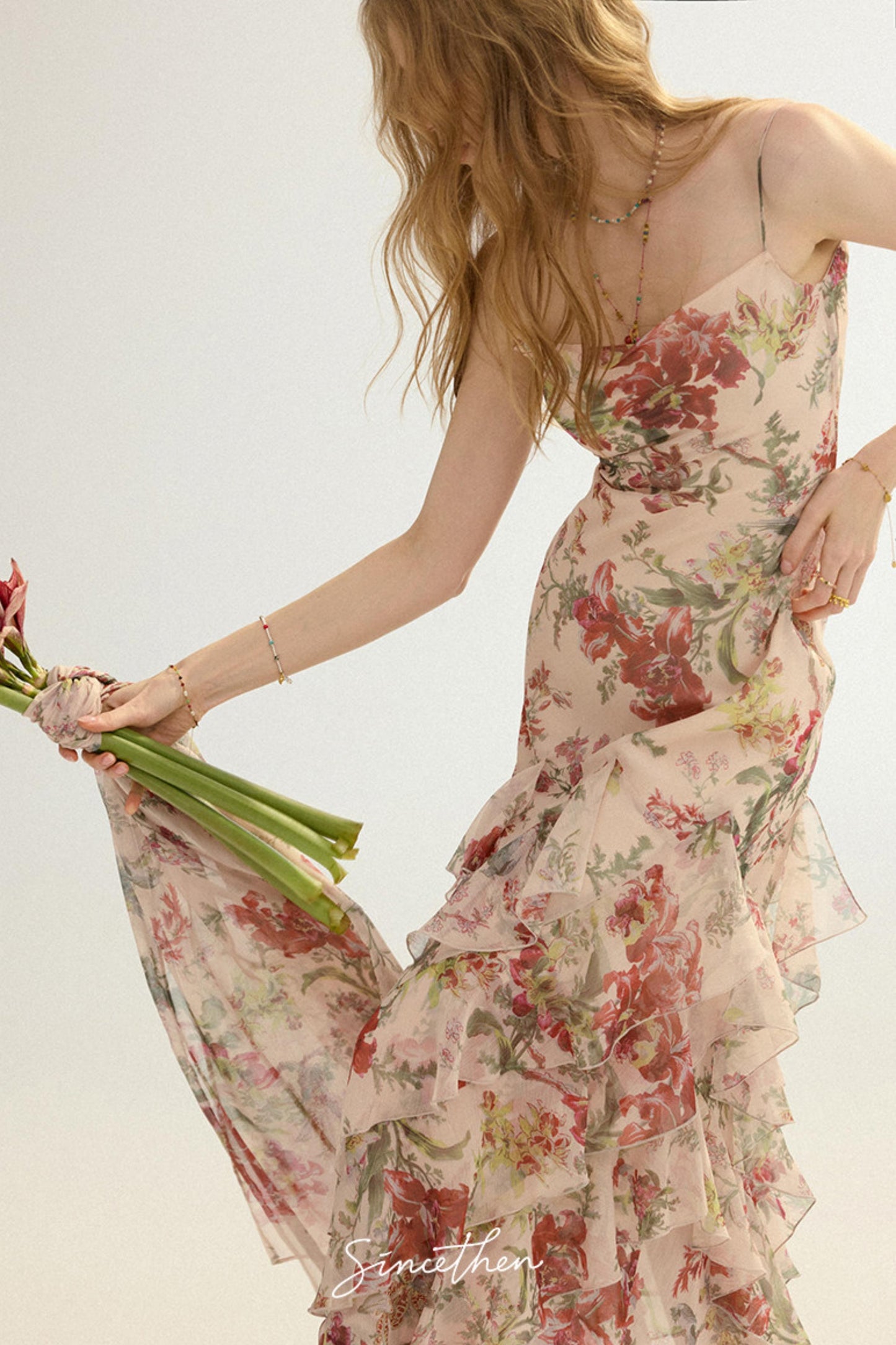 Odette French Floral Asymmetric Maxi Dress with Matching Scarf