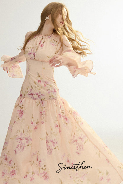 Odette French Vintage Floral Chiffon Maxi Dress