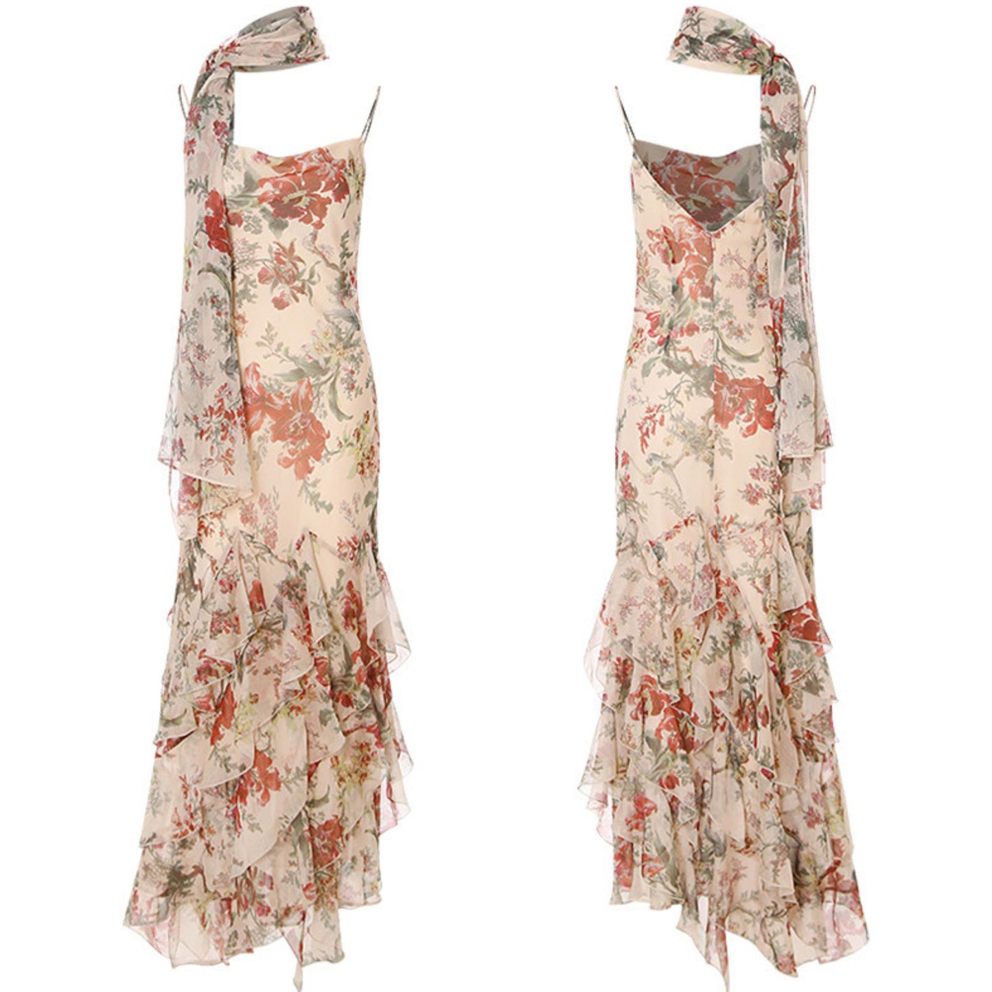Odette French Floral Asymmetric Maxi Dress with Matching Scarf