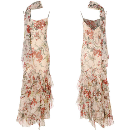 Odette French Floral Asymmetric Maxi Dress with Matching Scarf