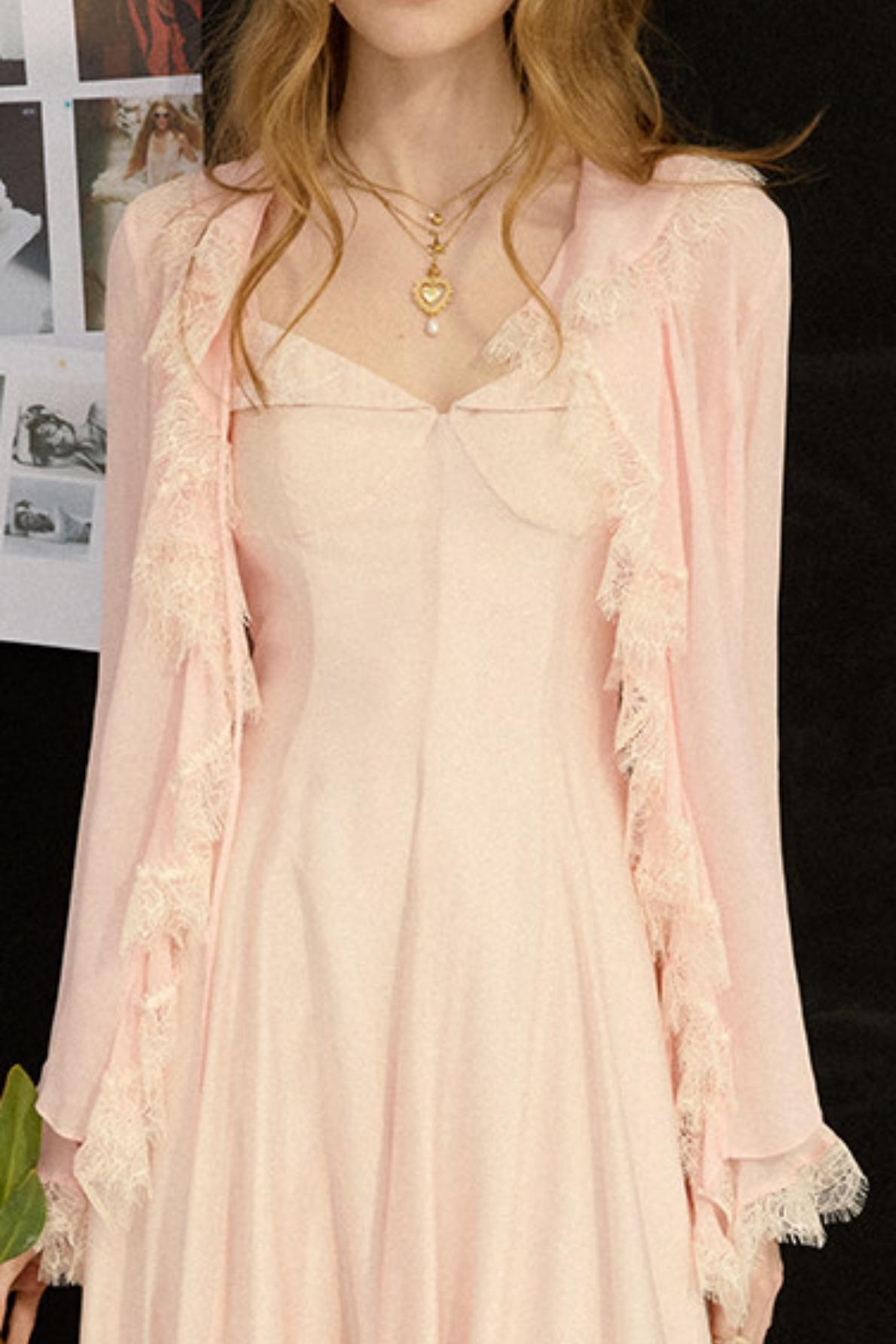 Sylvie French Vintage Lace-Trimmed Chiffon Cardigan Blouse Set