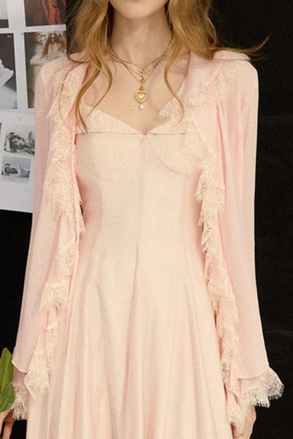 Sylvie French Vintage Lace-Trimmed Chiffon Cardigan Blouse Set