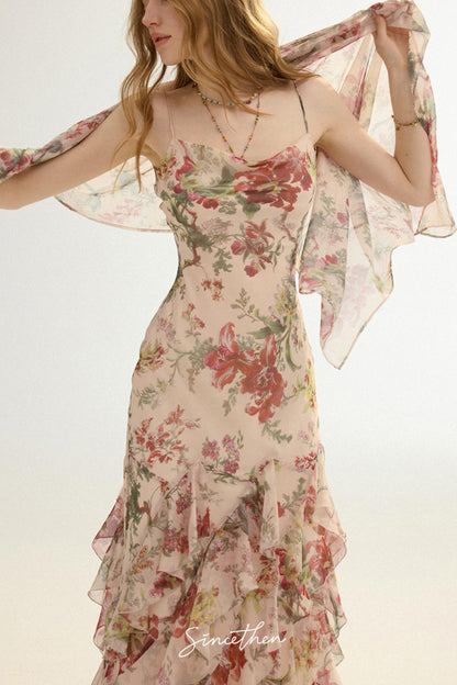 Odette French Floral Asymmetric Maxi Dress with Matching Scarf