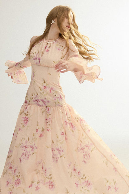 Odette French Vintage Floral Chiffon Maxi Dress
