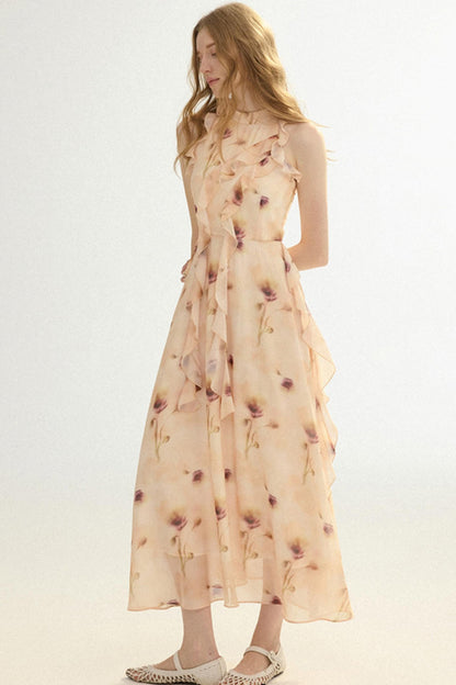 Woman wearing a floral dress on a white background