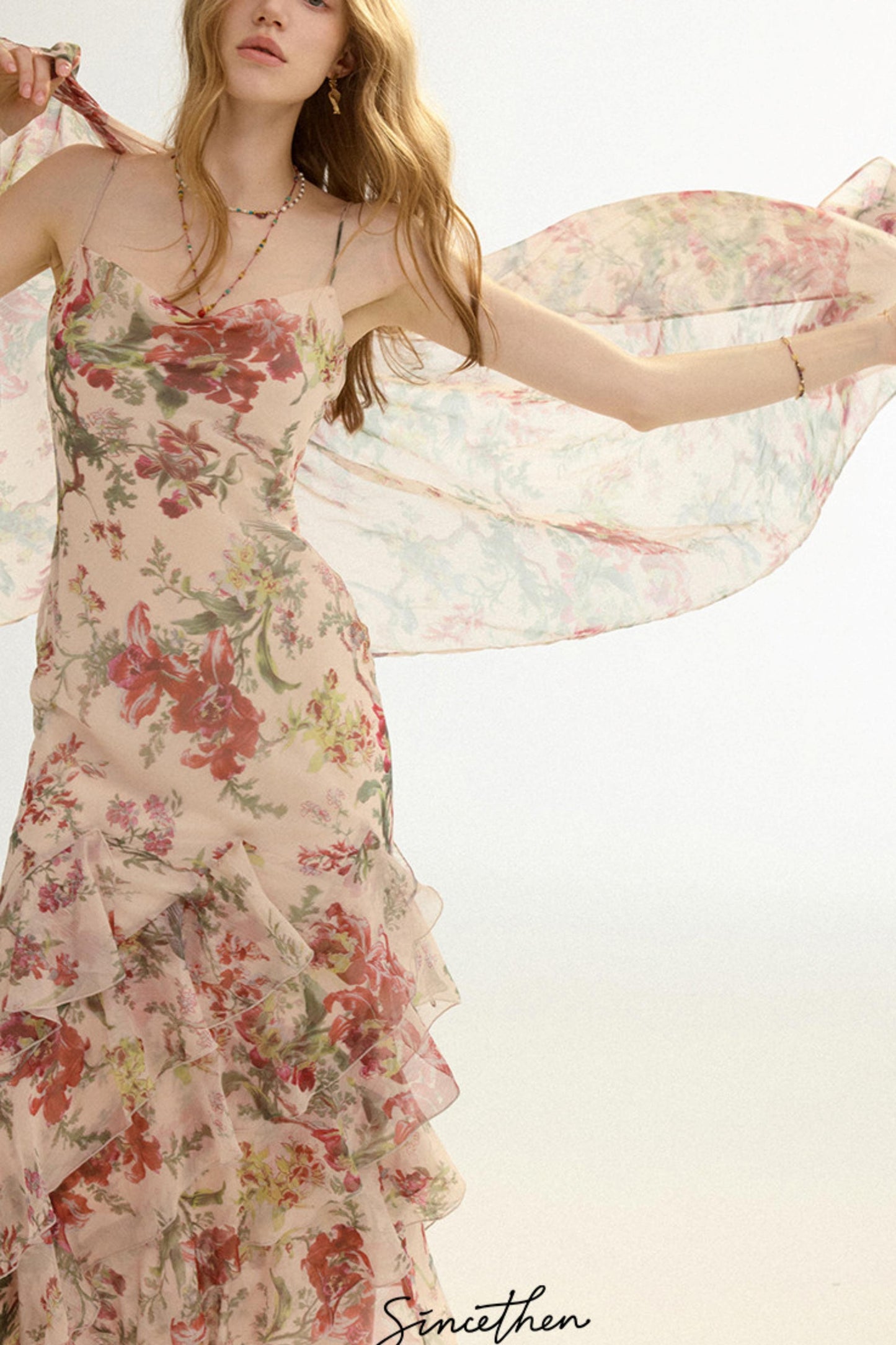 Odette French Floral Asymmetric Maxi Dress with Matching Scarf