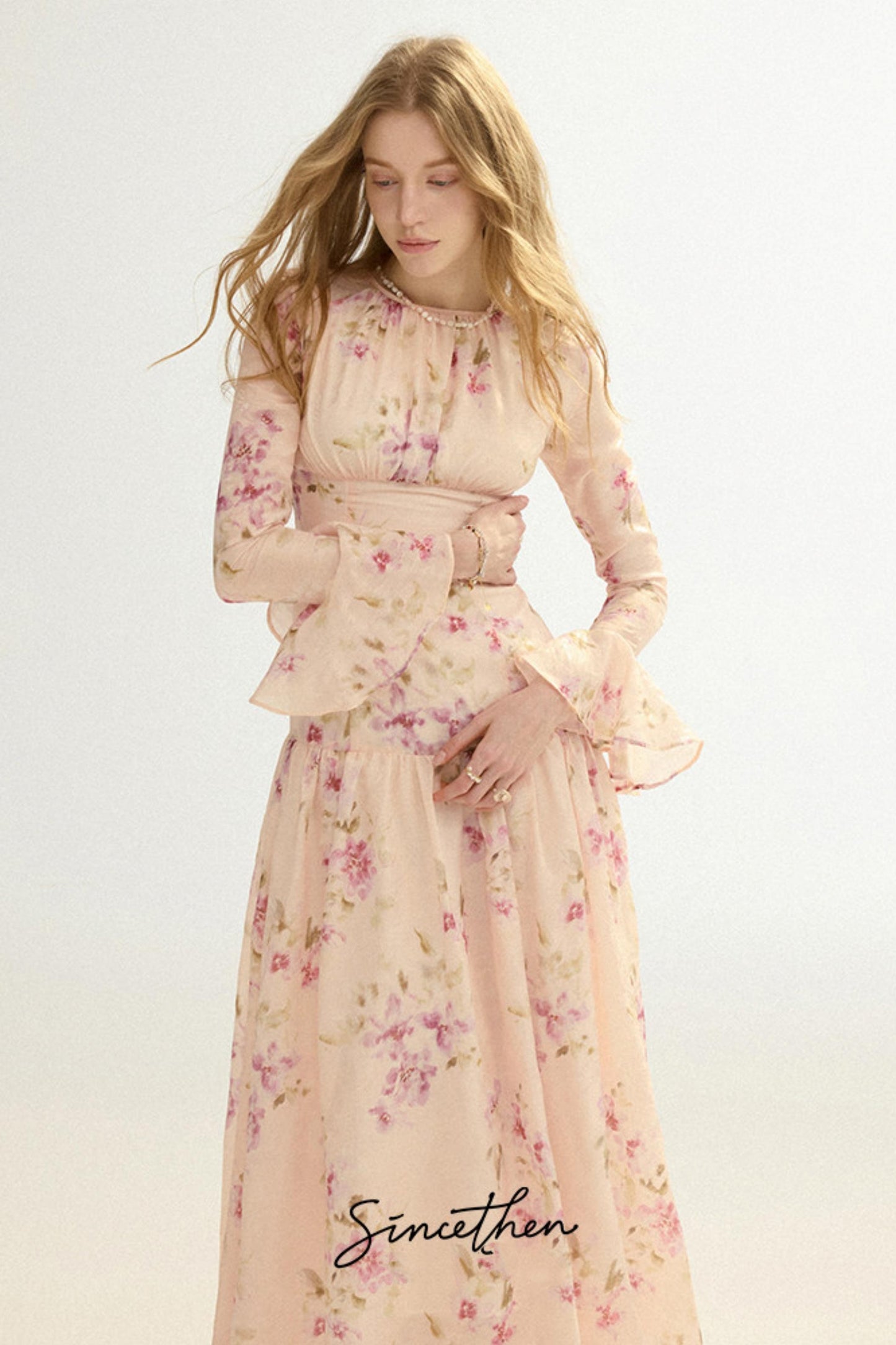Odette French Vintage Floral Chiffon Maxi Dress
