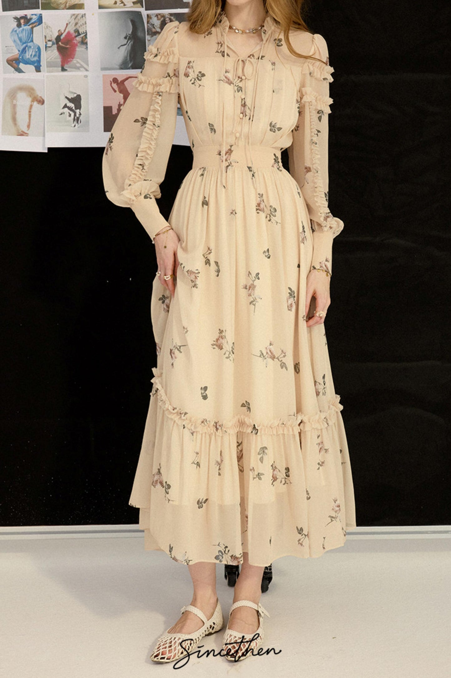 Amélie French Vintage Floral Chiffon Maxi Dress